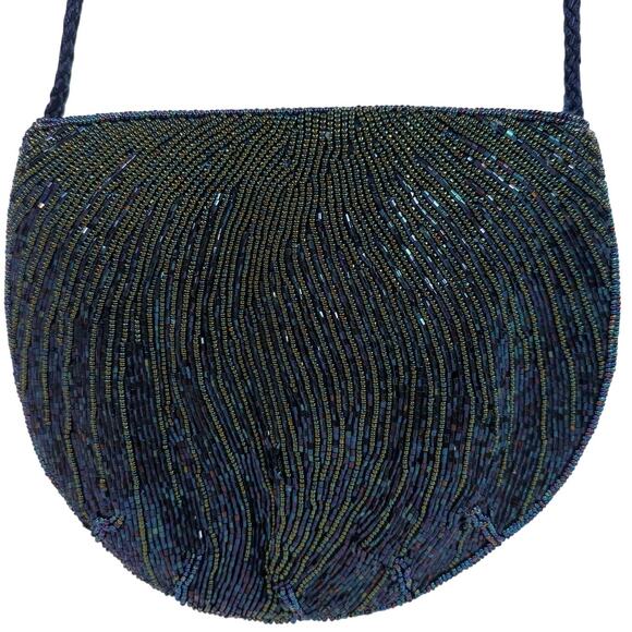 Vintage 90s Beaded Peacock Purse Blue Gold Crossbody Evening Bag - Picture 10 of 10